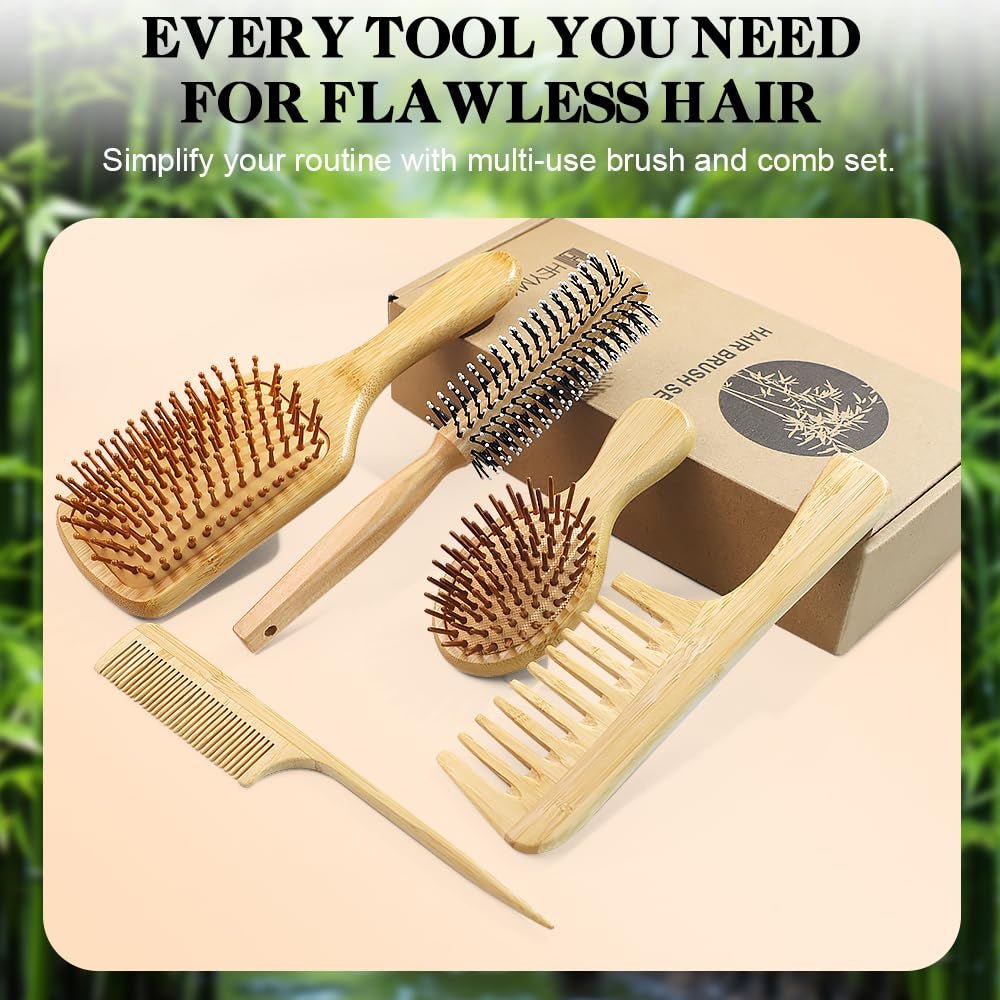 Hair Brush Set, 5Pcs Natural Bamboo Paddle Detangling Brush for Women and Men, round Brush, Wide - Tooth and Tail Comb with 2 Size Brush - Reduce Frizz, Travel & Family - Friendly Hair Care Kit - Invictus Fashion Statements