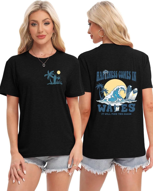 Forever Chasing Sunsets Tshirt Waves Graphic Tee Women Hawaiian Shirt Beach Trip Palm Tree Top Letter Print - Invictus Fashion Statements