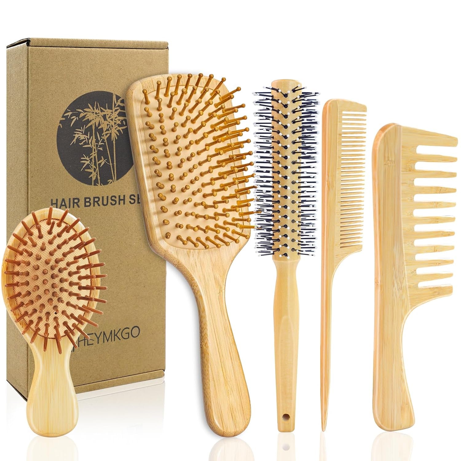 Hair Brush Set, 5Pcs Natural Bamboo Paddle Detangling Brush for Women and Men, round Brush, Wide - Tooth and Tail Comb with 2 Size Brush - Reduce Frizz, Travel & Family - Friendly Hair Care Kit - Invictus Fashion Statements