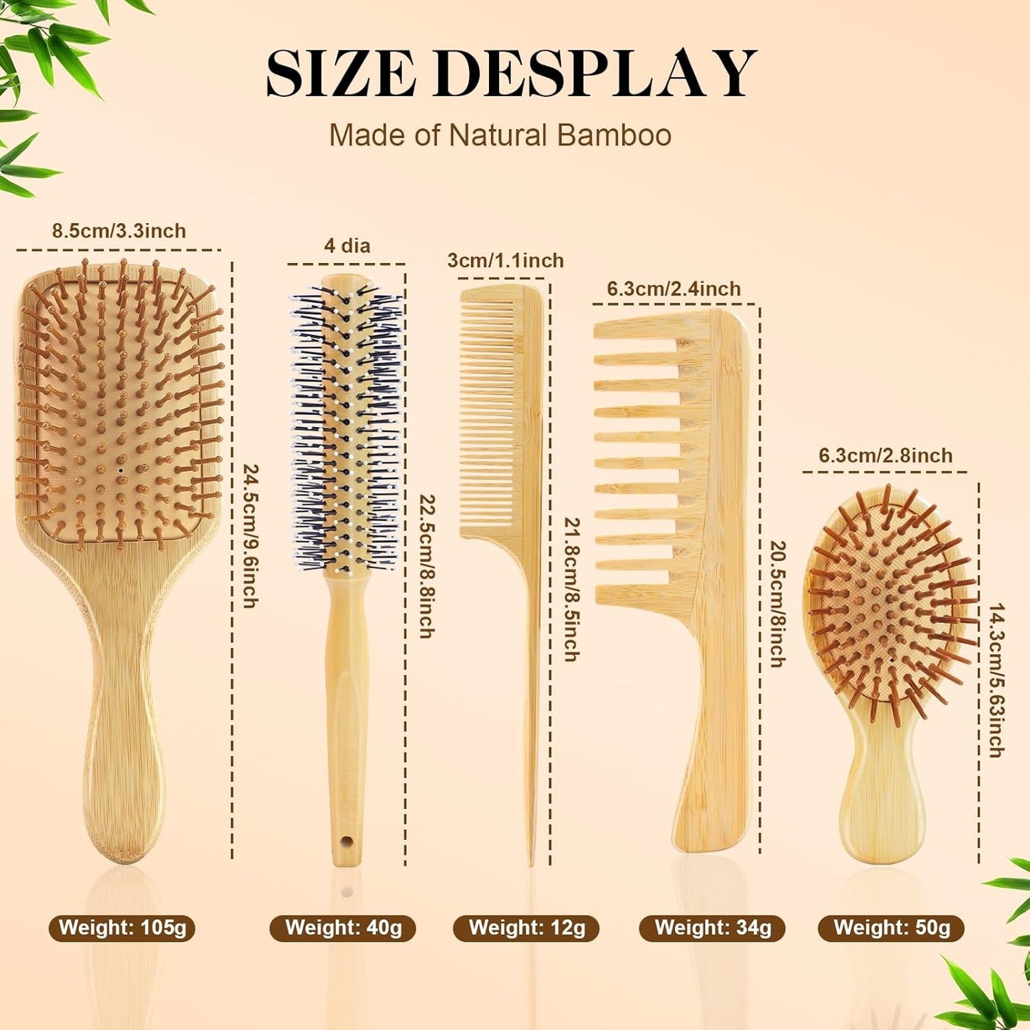 Hair Brush Set, 5Pcs Natural Bamboo Paddle Detangling Brush for Women and Men, round Brush, Wide - Tooth and Tail Comb with 2 Size Brush - Reduce Frizz, Travel & Family - Friendly Hair Care Kit - Invictus Fashion Statements