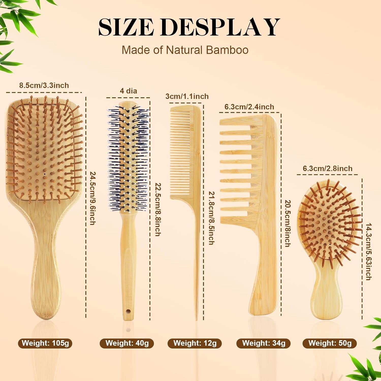 Hair Brush Set, 5Pcs Natural Bamboo Paddle Detangling Brush for Women and Men, round Brush, Wide - Tooth and Tail Comb with 2 Size Brush - Reduce Frizz, Travel & Family - Friendly Hair Care Kit - Invictus Fashion Statements