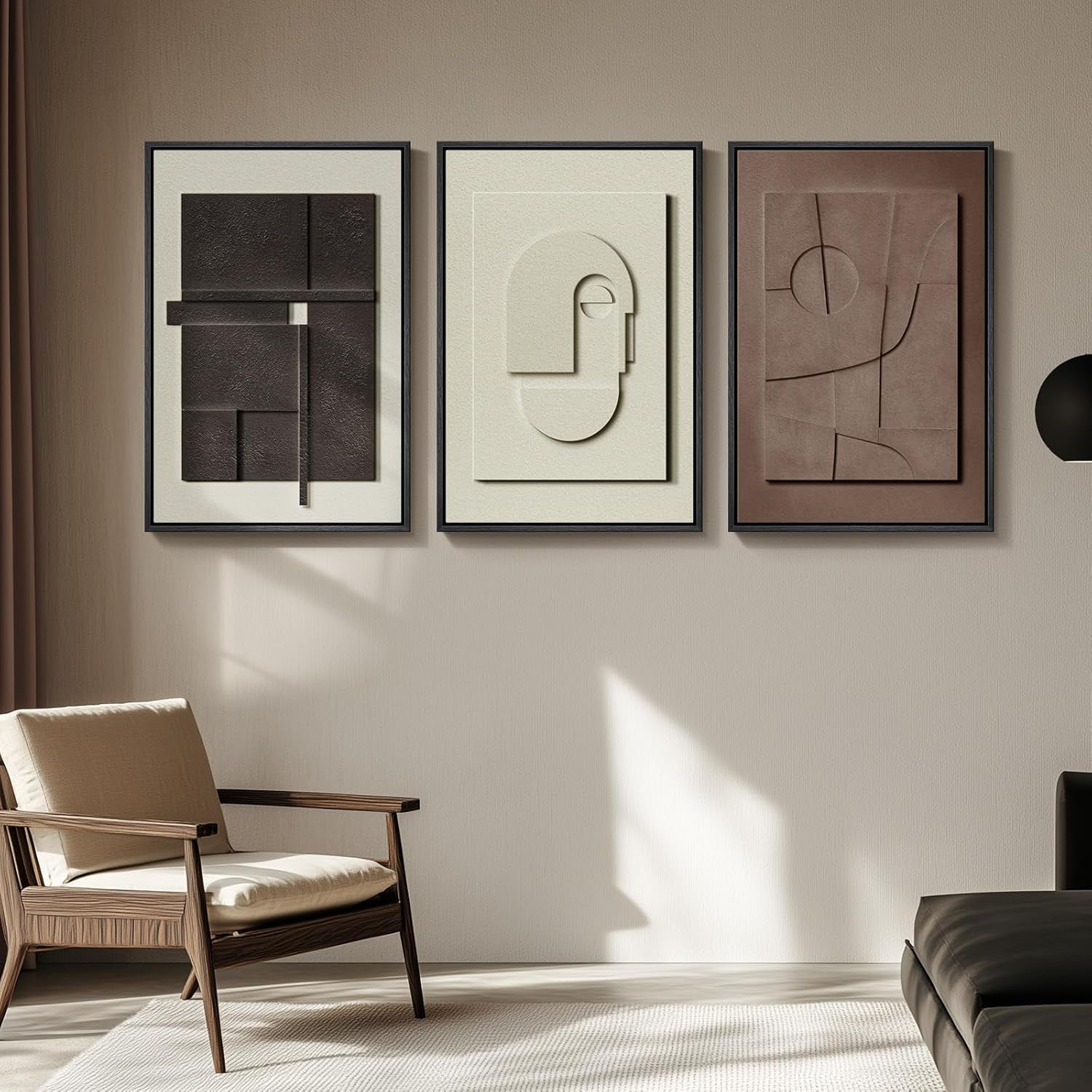 Large 3D Textured Framed Abstract Wall Art for Living Room, 3 Piece Modern Paintings Artwork for Walls, Black White Brown Geometric Sandstone Texture Pictures for Hallway Office Wall Decor 24X36 In - Invictus Fashion Statements