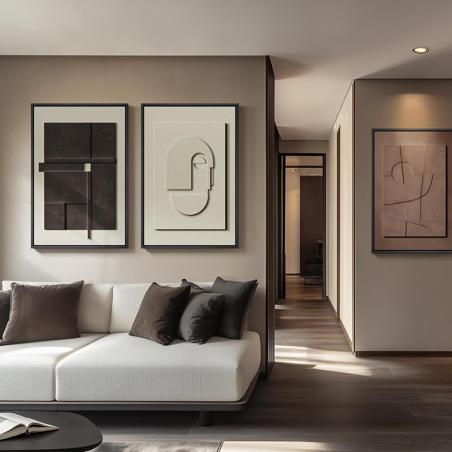 Large 3D Textured Framed Abstract Wall Art for Living Room, 3 Piece Modern Paintings Artwork for Walls, Black White Brown Geometric Sandstone Texture Pictures for Hallway Office Wall Decor 24X36 In - Invictus Fashion Statements