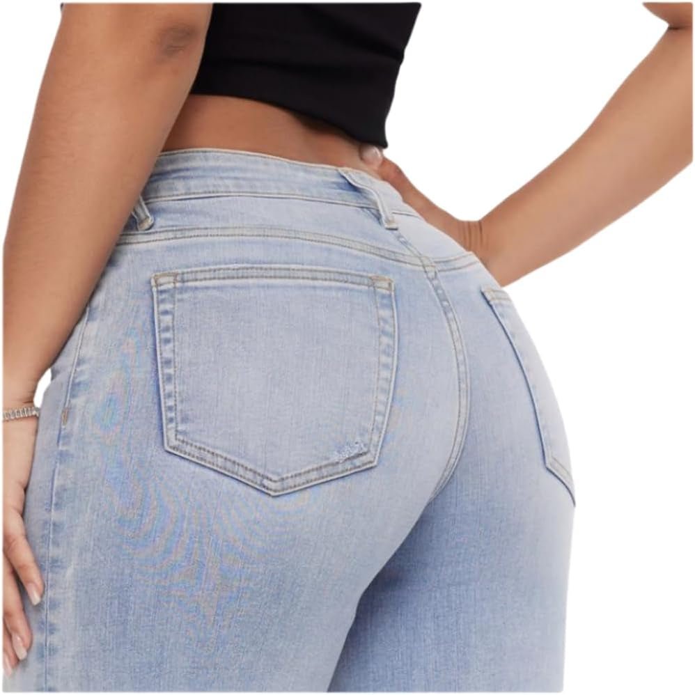 Mid - Low Rise Baggy Jeans Wide Leg for Women Distressed Pants Stretchy Bottom Lady Basic Comfortable Denim - Invictus Fashion Statements