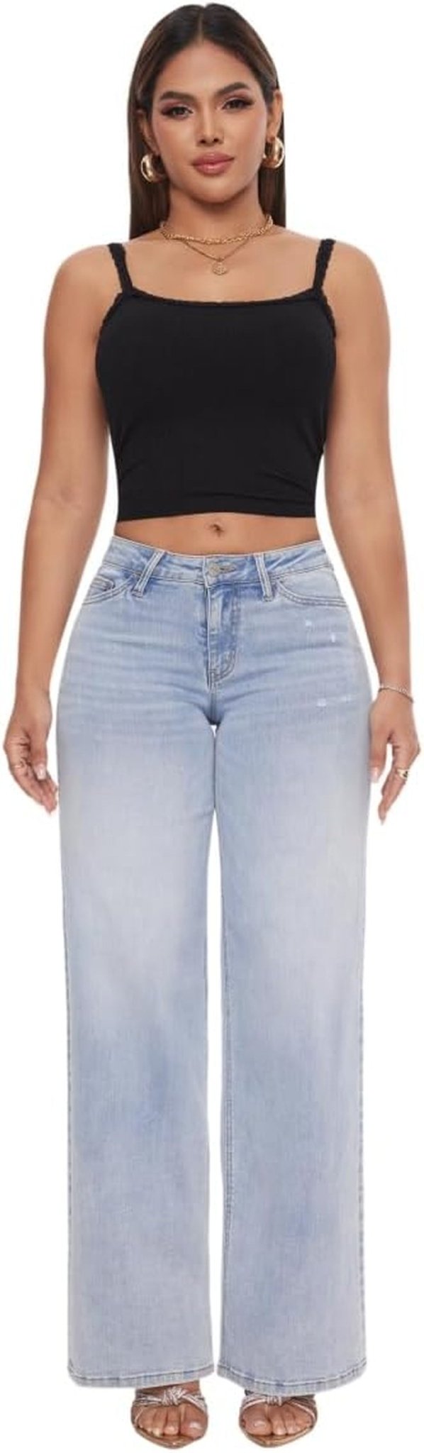 Mid - Low Rise Baggy Jeans Wide Leg for Women Distressed Pants Stretchy Bottom Lady Basic Comfortable Denim - Invictus Fashion Statements