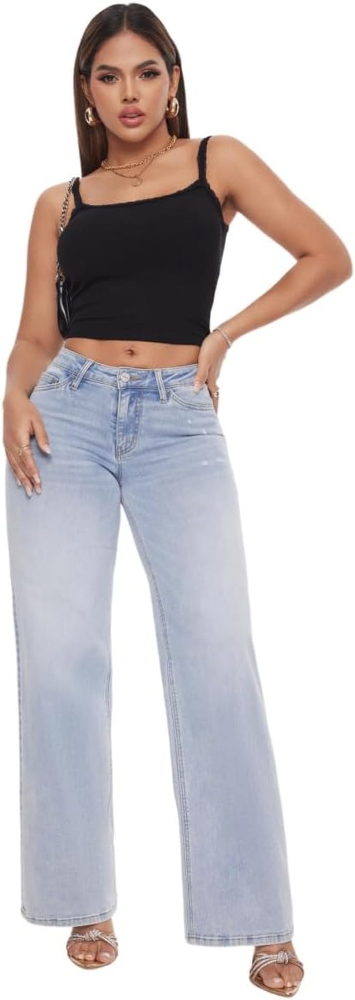 Mid - Low Rise Baggy Jeans Wide Leg for Women Distressed Pants Stretchy Bottom Lady Basic Comfortable Denim - Invictus Fashion Statements