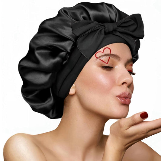 Silk Bonnet for Sleeping Women, Ajustable Hair Bonnet for Curly Hair with Tie Band Shower Caps Black，Large - Invictus Fashion Statements