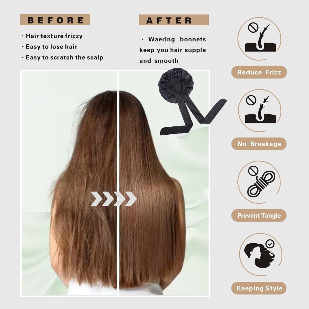 Silk Bonnet for Sleeping Women, Ajustable Hair Bonnet for Curly Hair with Tie Band Shower Caps Black，Large - Invictus Fashion Statements