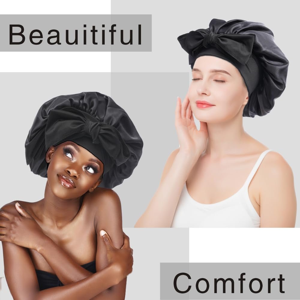 Silk Bonnet for Sleeping Women, Ajustable Hair Bonnet for Curly Hair with Tie Band Shower Caps Black，Large - Invictus Fashion Statements