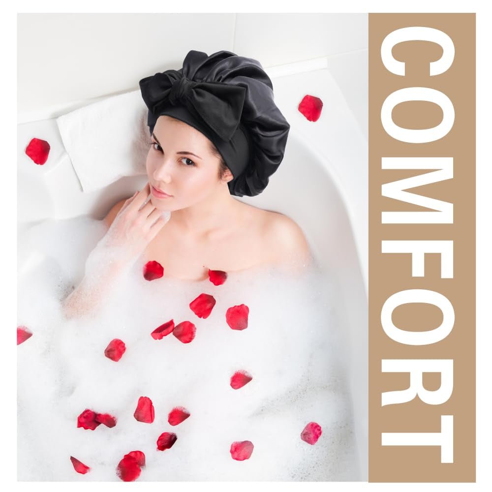 Silk Bonnet for Sleeping Women, Ajustable Hair Bonnet for Curly Hair with Tie Band Shower Caps Black，Large - Invictus Fashion Statements