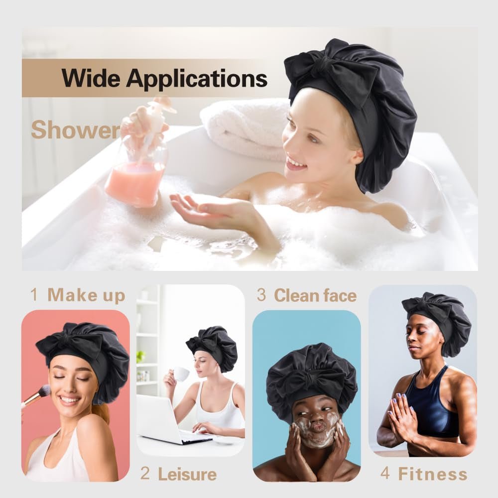 Silk Bonnet for Sleeping Women, Ajustable Hair Bonnet for Curly Hair with Tie Band Shower Caps Black，Large - Invictus Fashion Statements