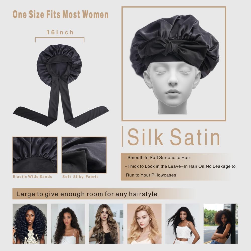 Silk Bonnet for Sleeping Women, Ajustable Hair Bonnet for Curly Hair with Tie Band Shower Caps Black，Large - Invictus Fashion Statements