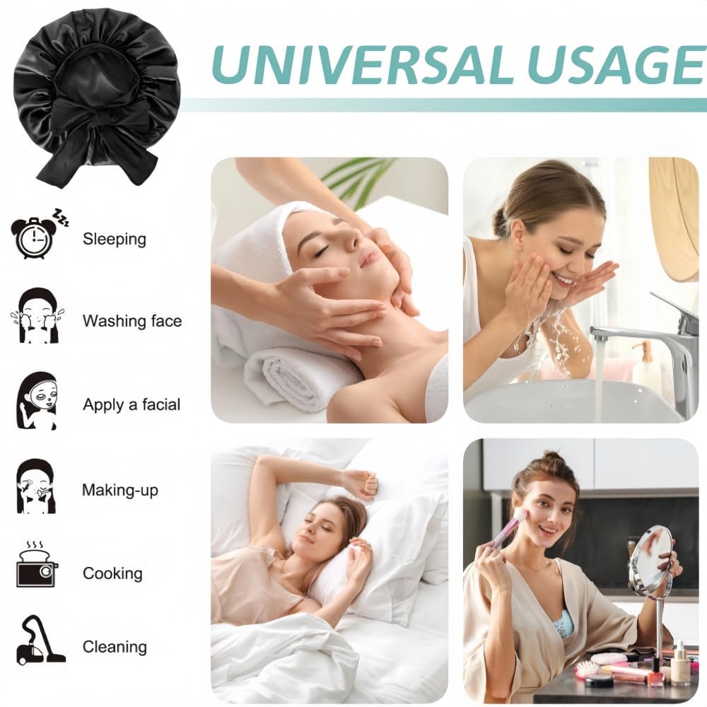 Silk Bonnet for Sleeping Women, Ajustable Hair Bonnet for Curly Hair with Tie Band Shower Caps Black，Large - Invictus Fashion Statements