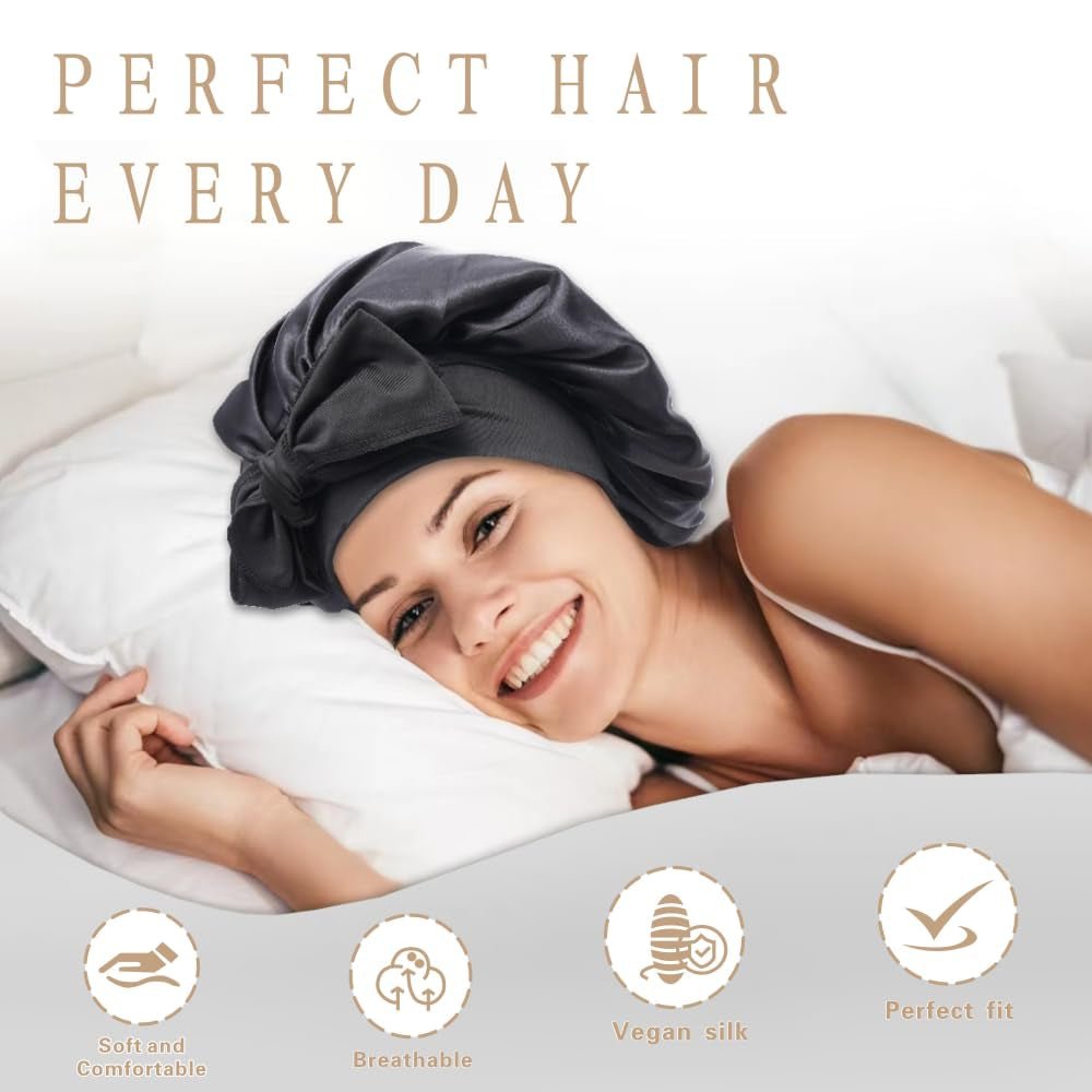 Silk Bonnet for Sleeping Women, Ajustable Hair Bonnet for Curly Hair with Tie Band Shower Caps Black，Large - Invictus Fashion Statements