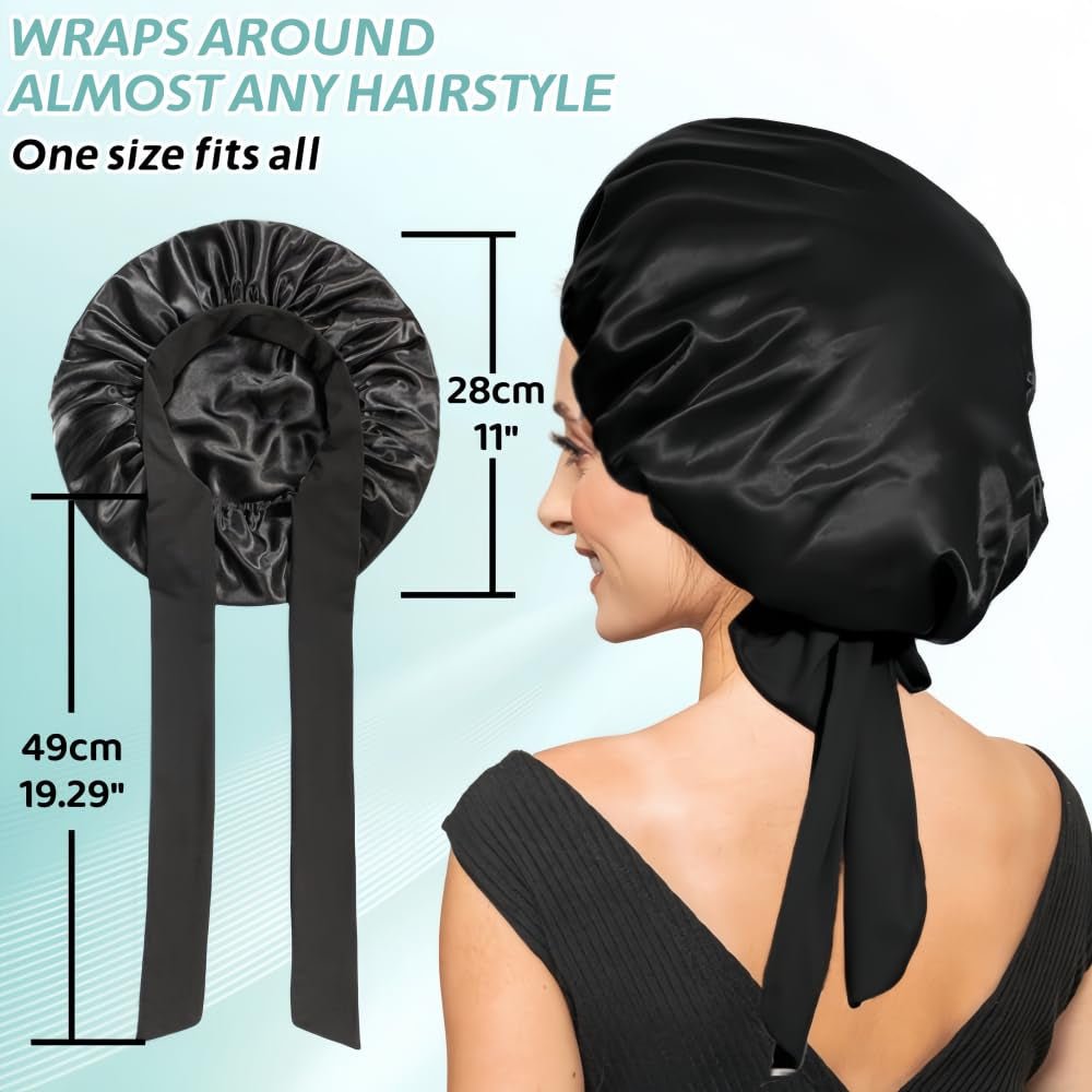 Silk Bonnet for Sleeping Women, Ajustable Hair Bonnet for Curly Hair with Tie Band Shower Caps Black，Large - Invictus Fashion Statements