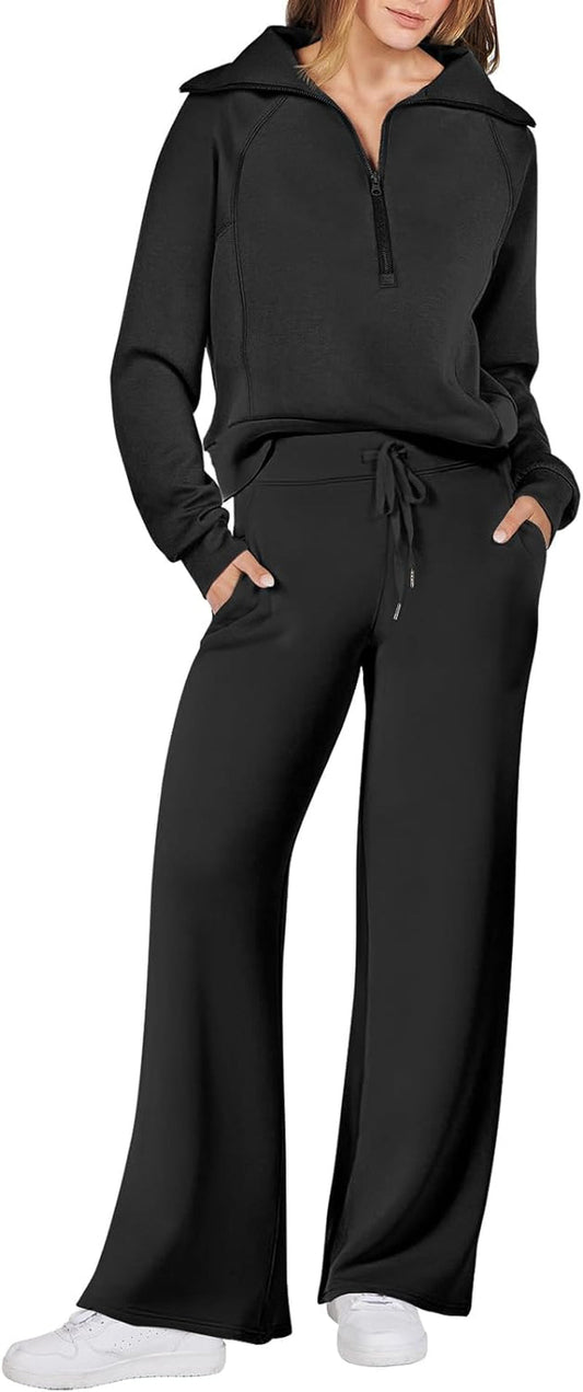 Women 2 Piece Outfits 2025 Fall Fashion Airport Wide Leg Pants Lounge Set Leisure Travel Vacation Clothes Sweatsuits - Invictus Fashion Statements