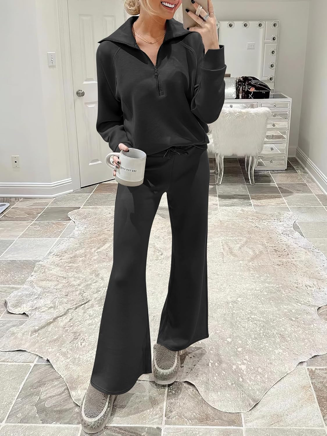 Women 2 Piece Outfits 2025 Fall Fashion Airport Wide Leg Pants Lounge Set Leisure Travel Vacation Clothes Sweatsuits - Invictus Fashion Statements