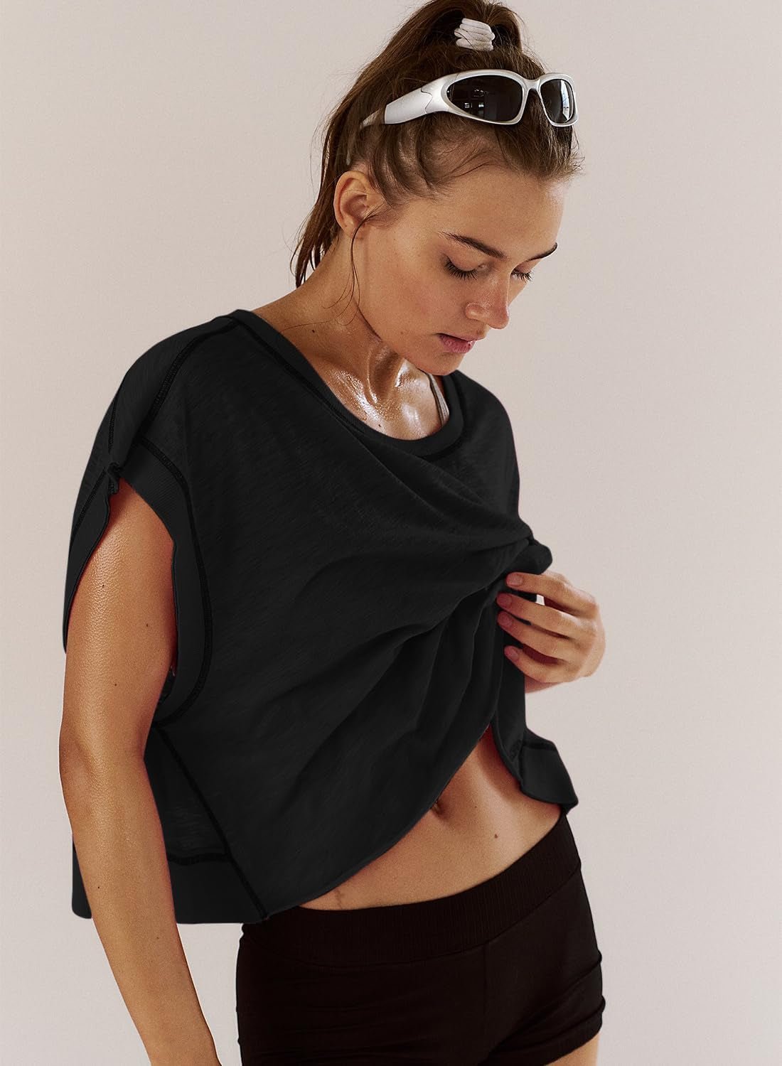 Women Short Sleeve Workout Shirts Open Back Tops Casual Yoga Y2K Athletic Gym Slouchy Crop Running Tees - Invictus Fashion Statements