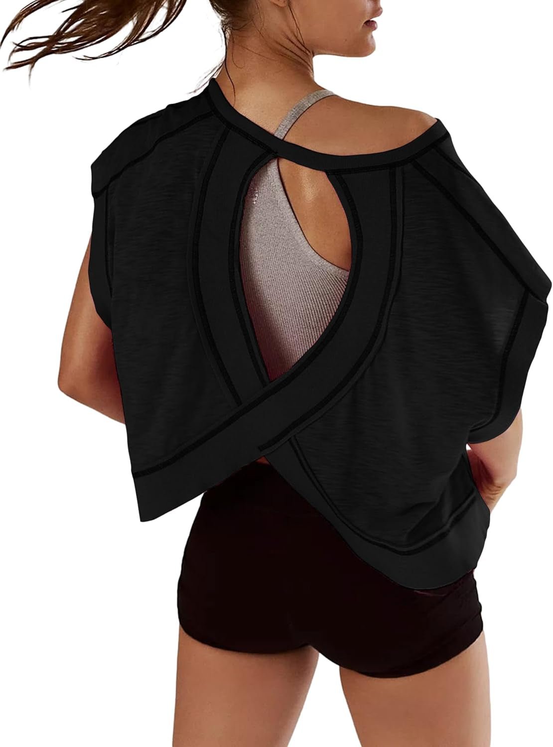 Women Short Sleeve Workout Shirts Open Back Tops Casual Yoga Y2K Athletic Gym Slouchy Crop Running Tees - Invictus Fashion Statements