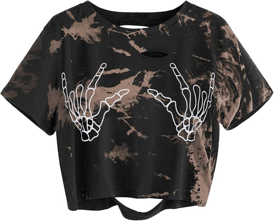 Women Skull Finger Graphic Distressed Tee Shirt Ripped Short Sleeve Crop Tops - Invictus Fashion Statements