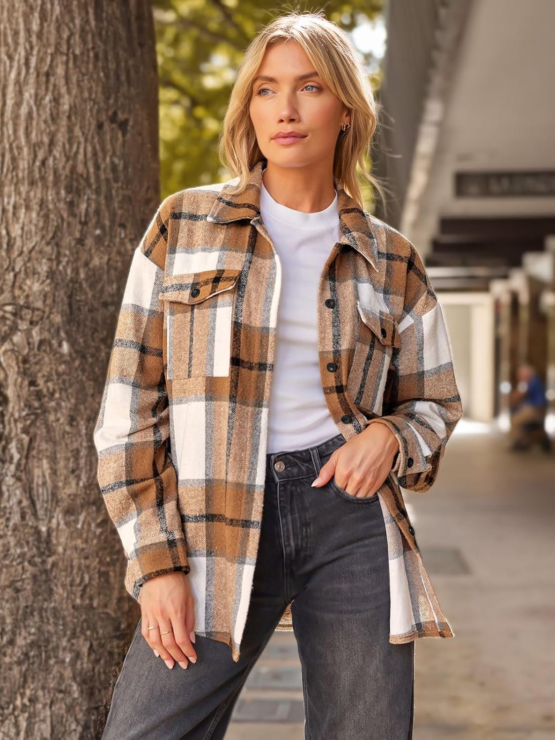Womens Fall Outfits Fashion Clothes Shackets Flannel Plaid Button down Long Sleeve Shirts Jackets - Invictus Fashion Statements