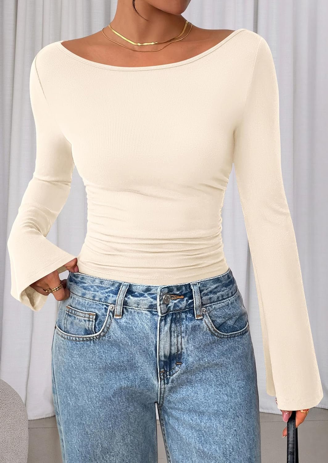 Women'S Long Sleeve Shirts 2025 Fall Crop Going Out Tops Casual Boat Neck Bell Sleeve Ribbed Ruched Y2K Clothes - Invictus Fashion Statements