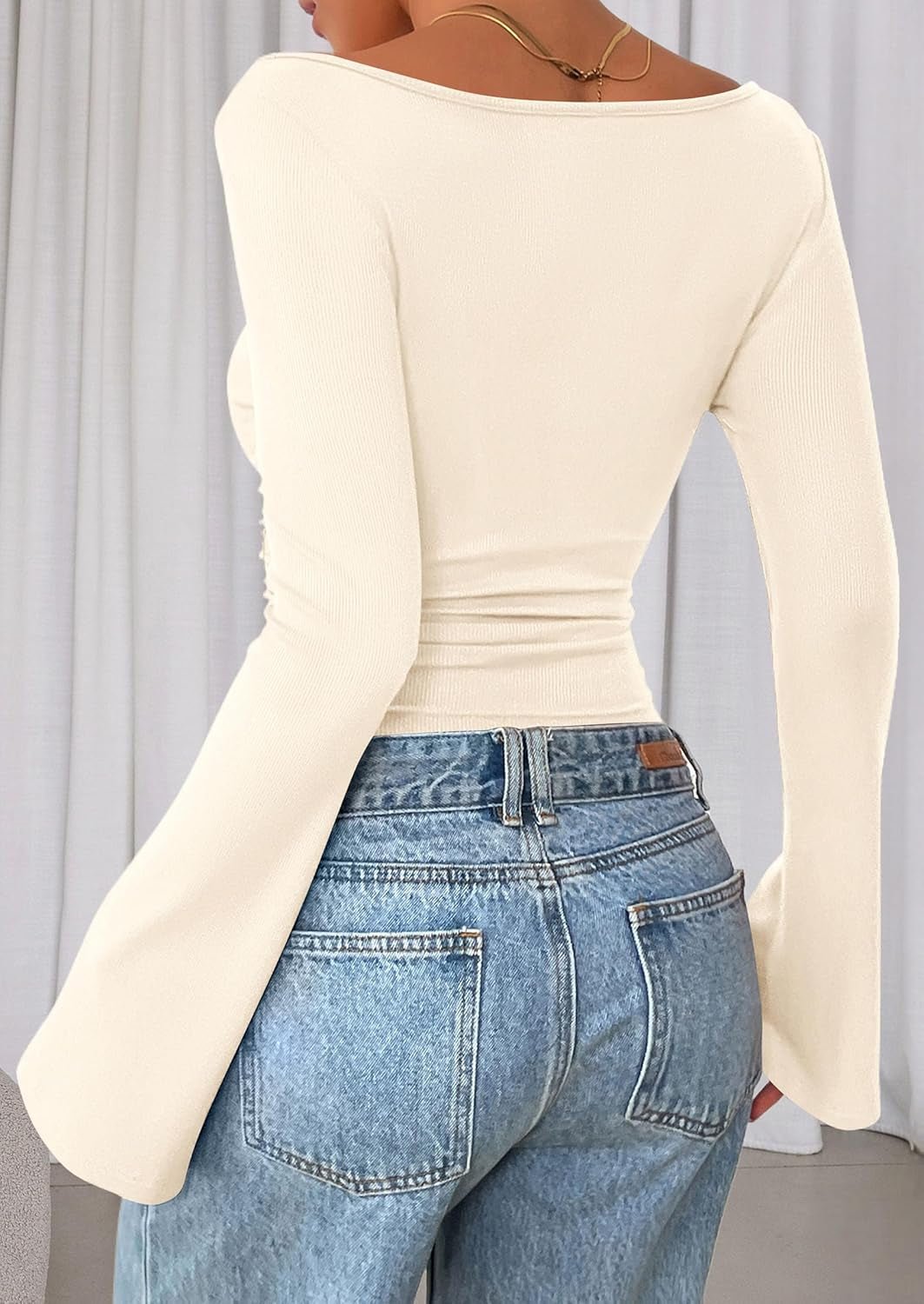 Women'S Long Sleeve Shirts 2025 Fall Crop Going Out Tops Casual Boat Neck Bell Sleeve Ribbed Ruched Y2K Clothes - Invictus Fashion Statements