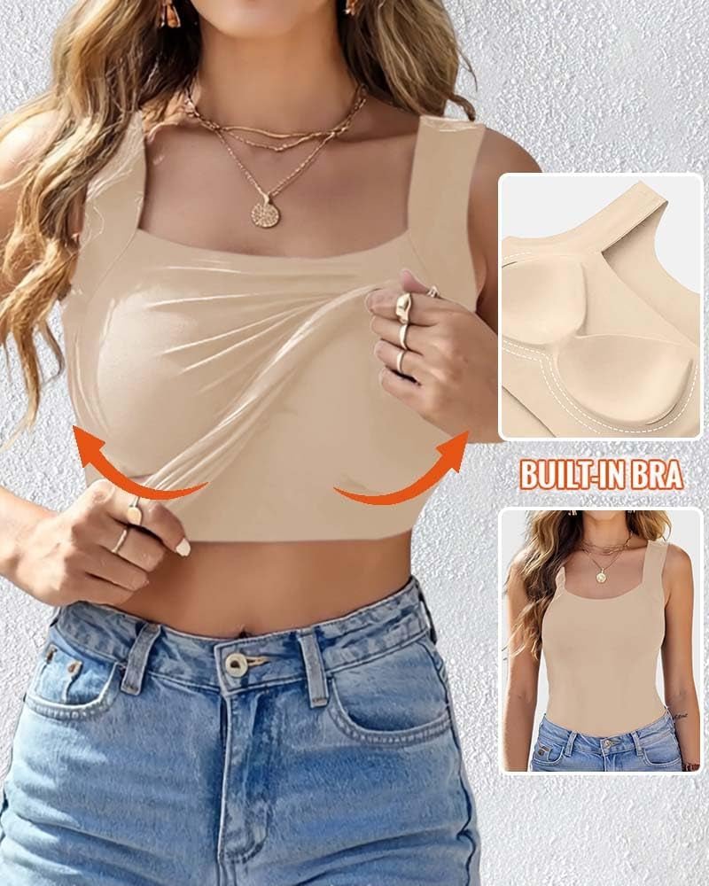 Womens U Neck Shapewear Built - In Bra Tank High Strechy Sleeveless Slim Fit Tops Camisole Workout Tops - Invictus Fashion Statements