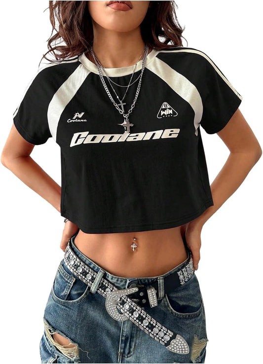 Women'S Y2K Short Sleeve Cropped T Shirts Striped Letter Graphic Tees Music Festival Crop Tops - Invictus Fashion Statements